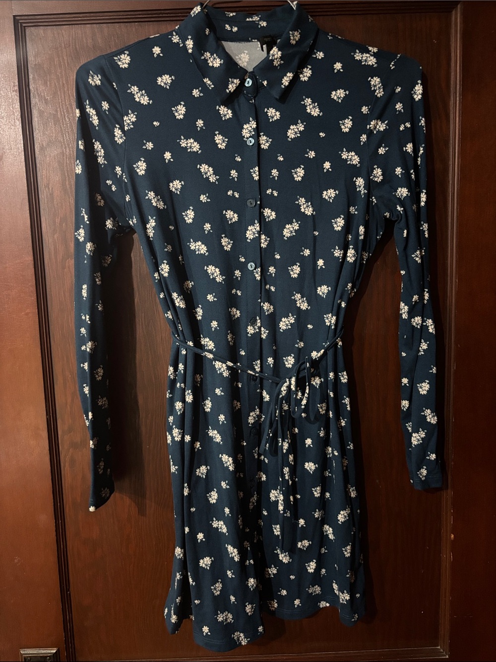 Women's Navy Floral Shirt Dress with Tie Waist